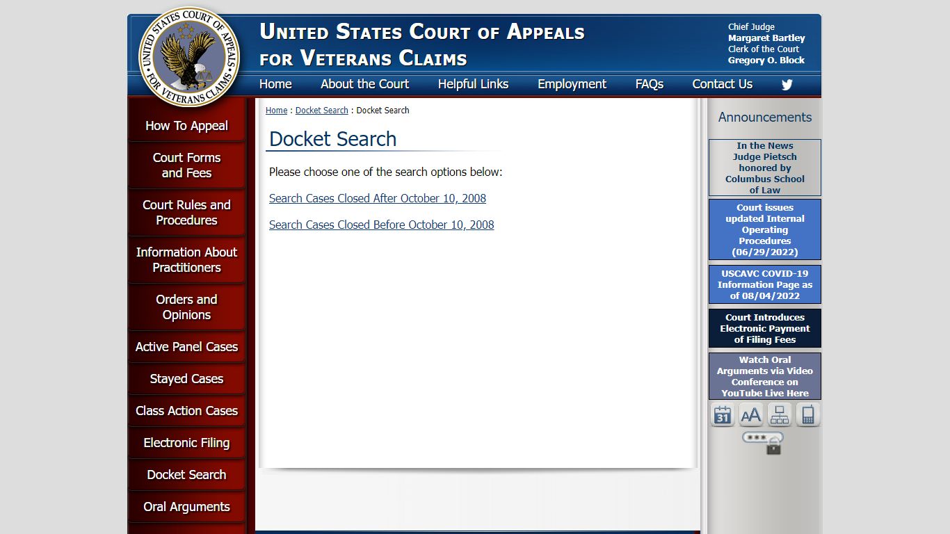 US Court of Appeals for Veterans Claims - Docket Search